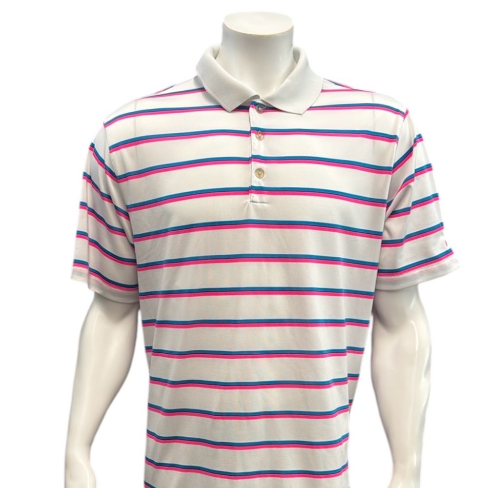 Nike Golf Dri-Fit Performance White Pink Blue Stripe Men's Polo Shirt Size XL